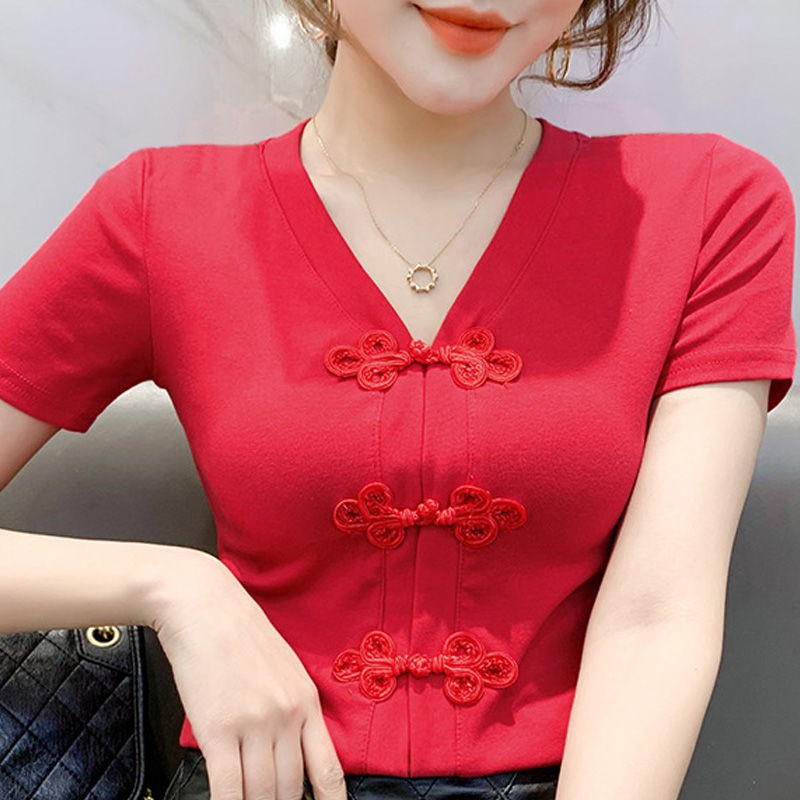 Áo Thun Tay Lỡ Phối Nút Thời Trang Trung Hoa Cổ Điển