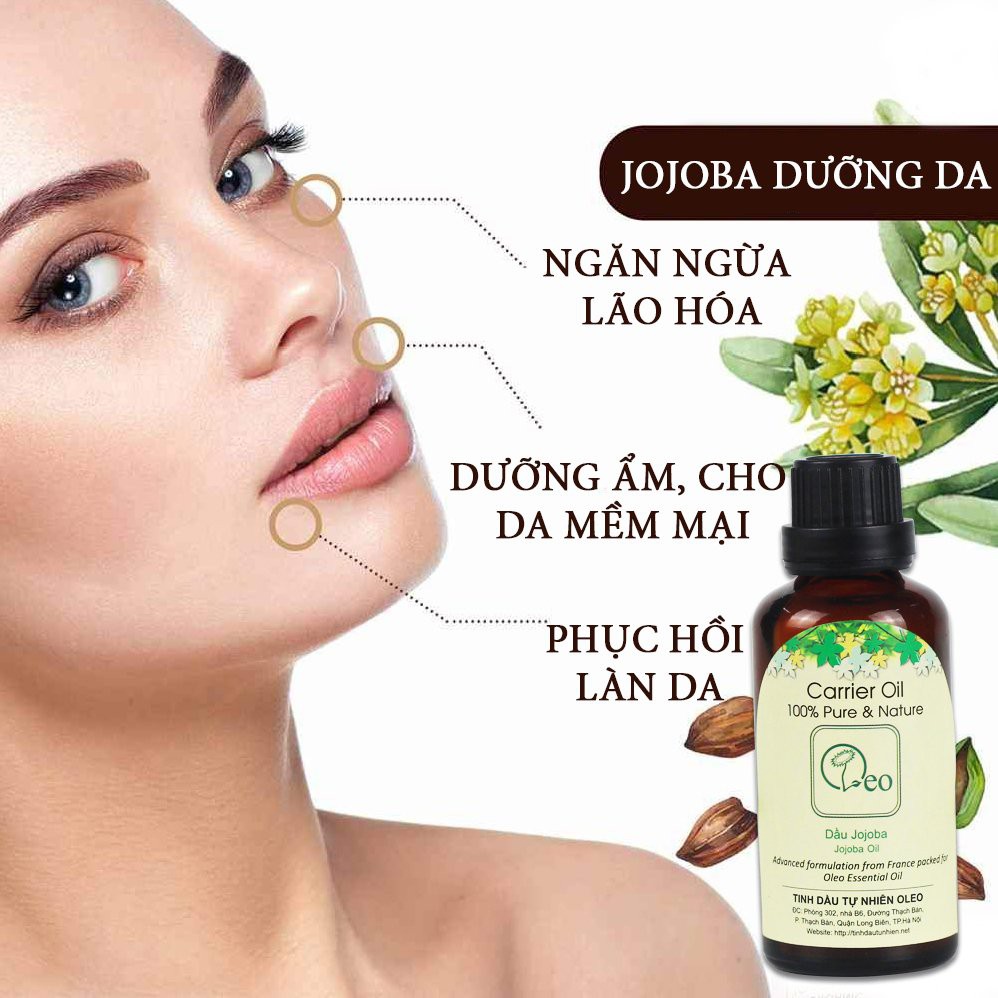 OGANIC Dầu Jojoba nguyên chất - Chính hãng tinh dầu OLEO - Chống lão hóa da - Giữ ẩm da và se lỗ chân lông - Chai 50ml