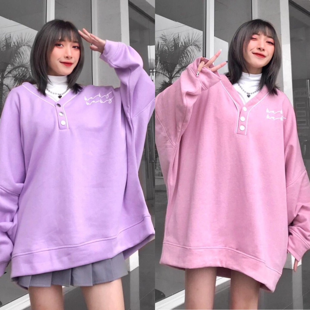 Áo Sweater Nỉ BABY Viền Cổ Phối Nút Form Rộng Ulzzang Zoozoo Unisex(Ảnh Thật) | BigBuy360 - bigbuy360.vn