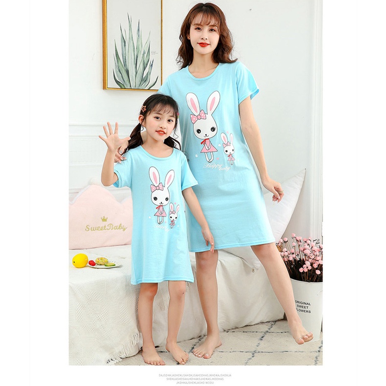 Đầm Ngủ Tay Ngắn Chất Liệu Cotton Thời Trang Xuân Hè Cho Mẹ Và Bé Kích Thước 100-180cm