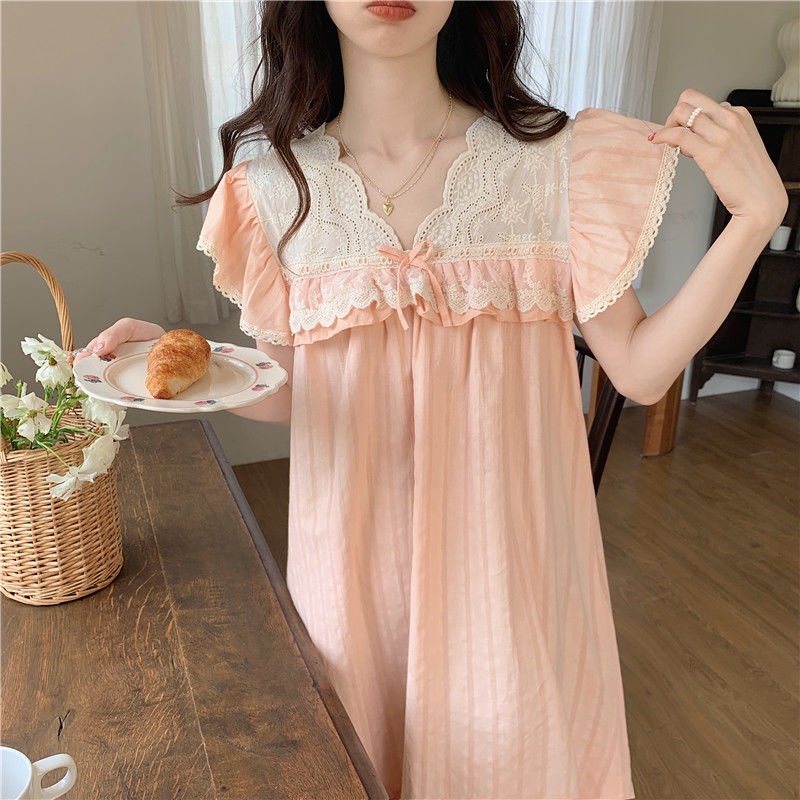 Đồ ngủ Dáng Dài Họa Tiết Sọc Caro Phong Cách Pháp Ngọt Ngào Thời Trang Mùa Hè Cho Nữ