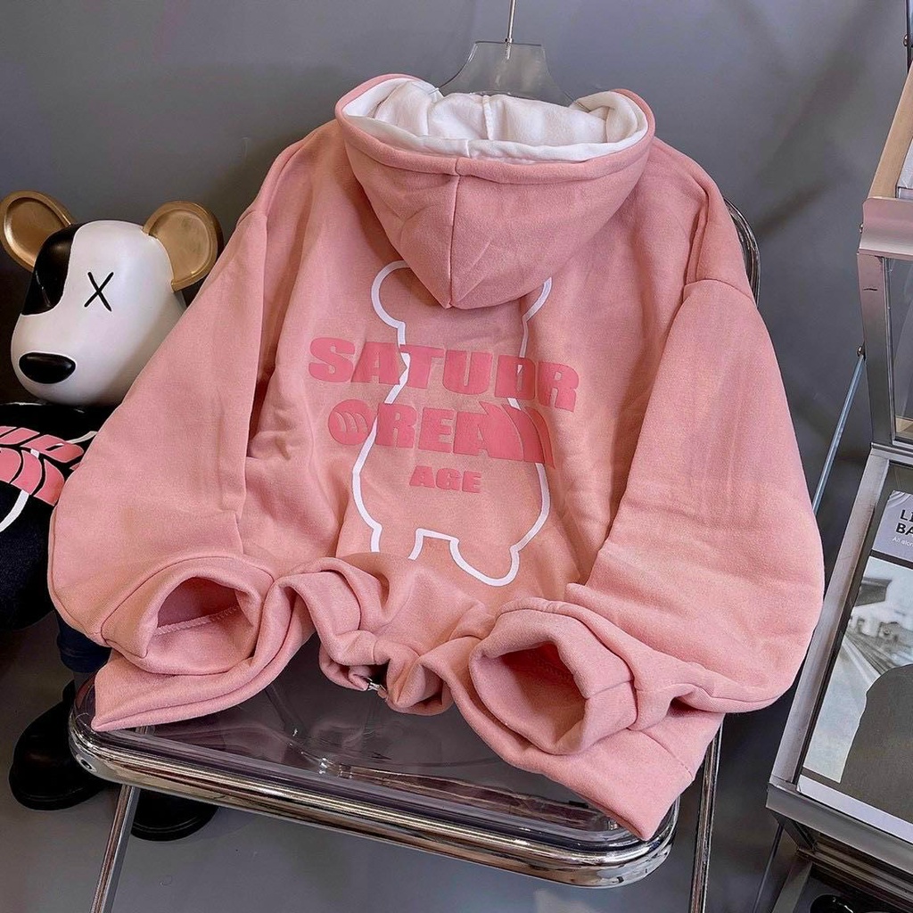Áo Khoác Hoodie Nỉ Thun Nam Nữ Form Rộng Khóa Kéo Logo Gấu Mũ 2 Lớp