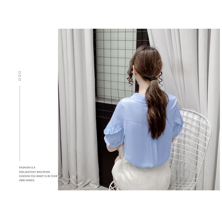 Áo Sơ Mi Voan Tay Ngắn Cổ Bẻ Phối Bèo Màu Xanh Dương Thời Trang Mùa Hè Cho Nữ 0K6I