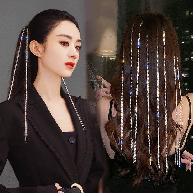 Kẹp tóc trang trí kiểu tóc bím đính đá phối dây xích chất lượng cao cho nữ
