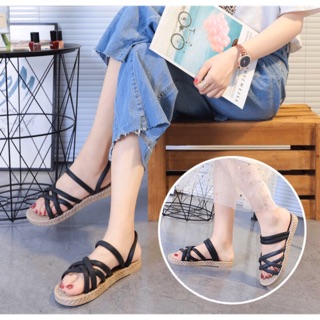 [SALE] CS1_Dép nữ sandal quai chéo đế giả cói vintage siêu mềm êm chân
