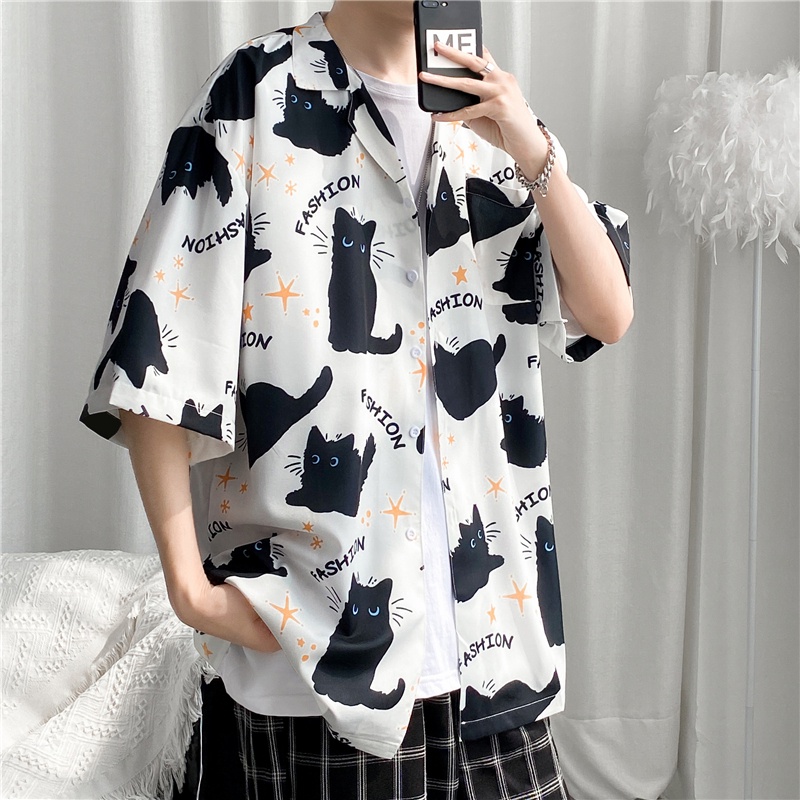 Áo Sơ Mi Nam Tay Ngắn In Hình Mèo Hàn Quốc