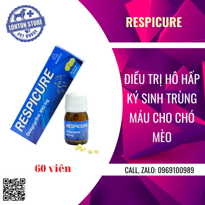 VEMEDIM Respicure - giải quyết vấn đề hô hấp trên chó, mèo - Lọ 60 viên