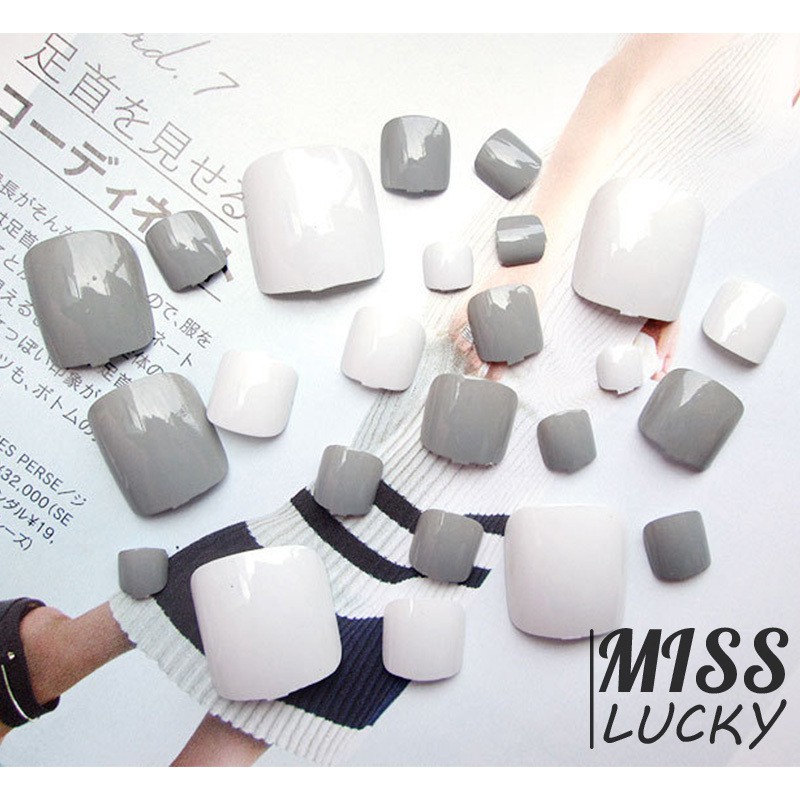 Set 24 Móng Chân Giả Màu Xám Đơn Giản