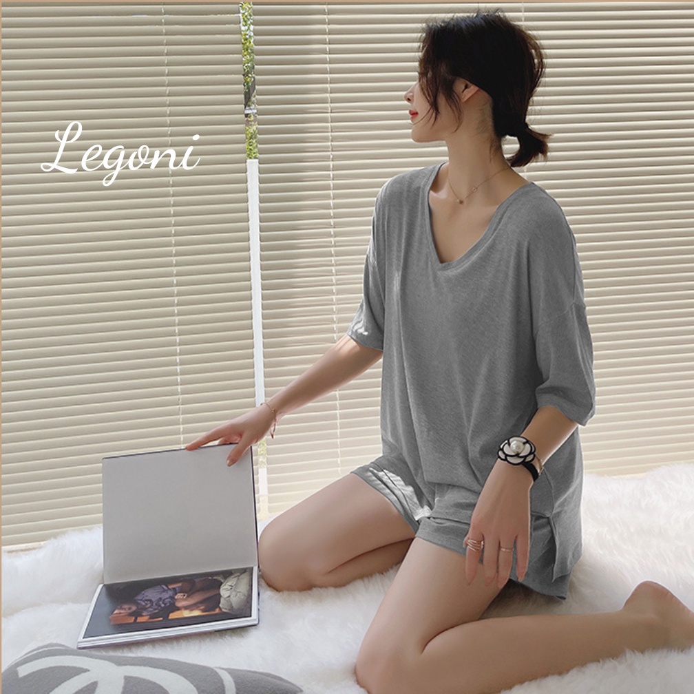 Bộ đồ cộc tay nữ ❤️iCotton❤️ Bộ đồ mặc nhà áo cổ tim quần đùi dáng rộng mềm mát