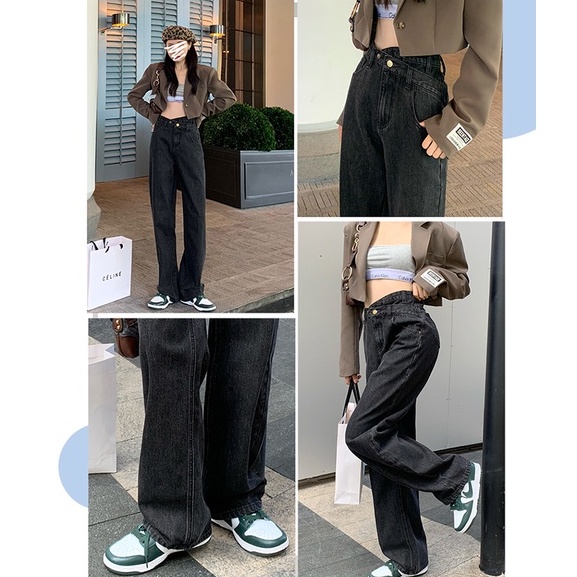 Quần jean lưng cao ống rộng phong cách sành điệu sang trọng cho phụ nữ Xiaozhainv