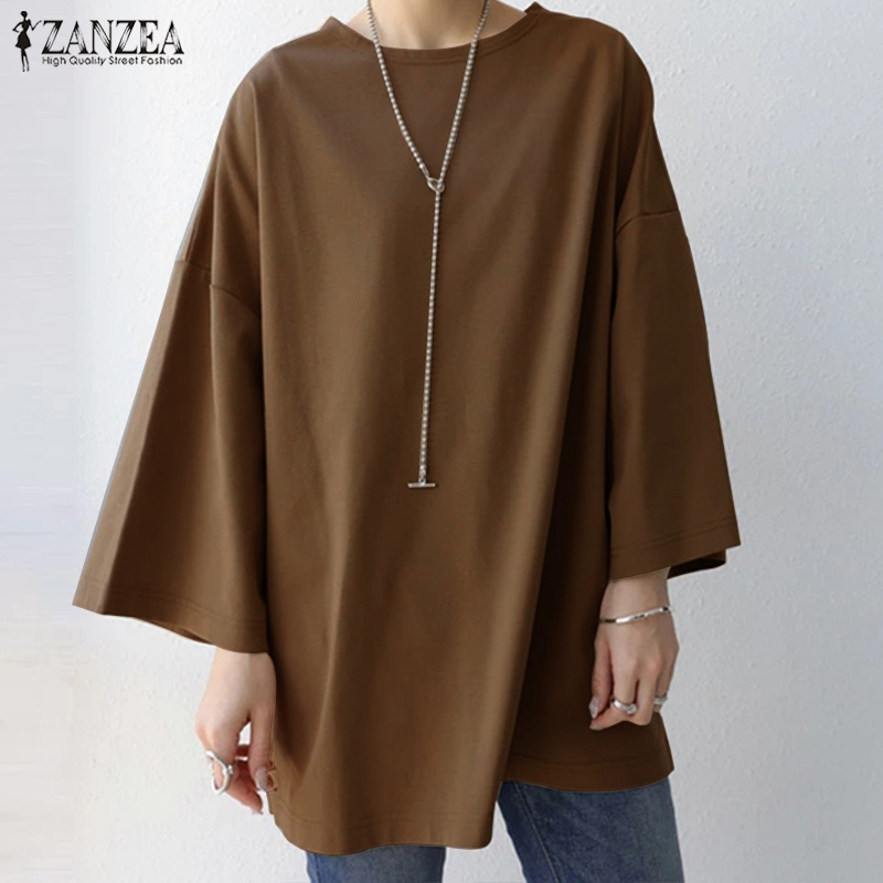 ZANZEA Áo Kiểu Cổ Tròn Tay Dài Màu Trơn Đơn Giản Dành Cho Bạn Nữ
