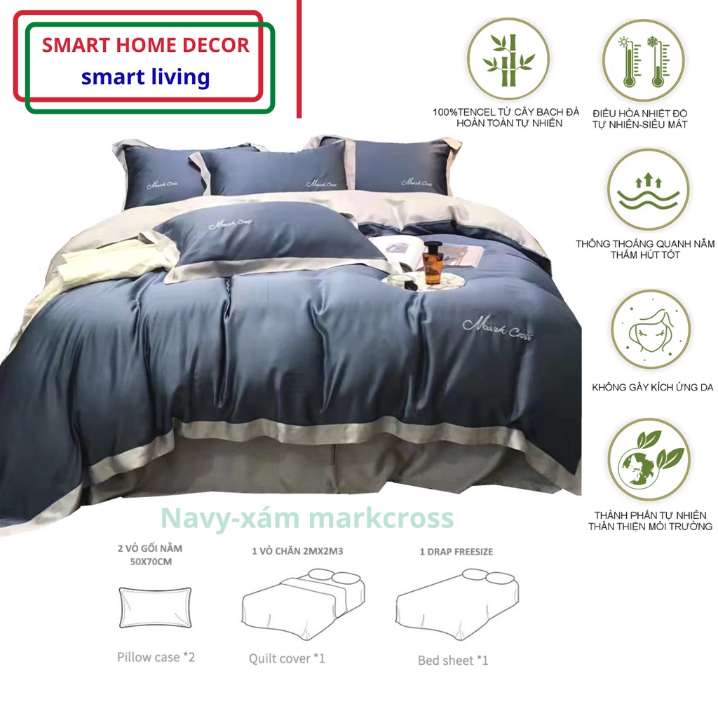 Bộ chăn ga gối cao cấp 100%Tencel 100s phối màu tương phản sang trọng, chất liệu siêu mềm mát mịn