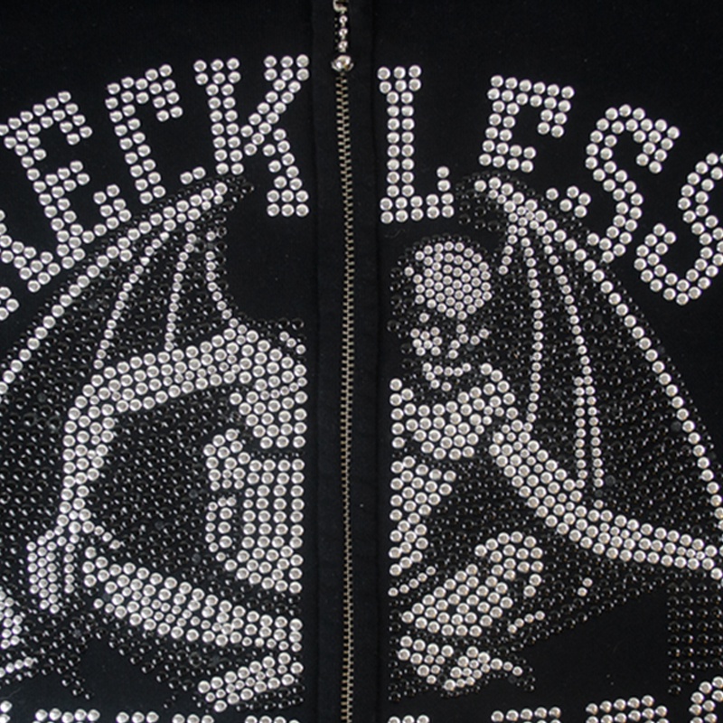 Áo khoác đen dài tay phối khoá kéo đính đá SASSYME Y2K