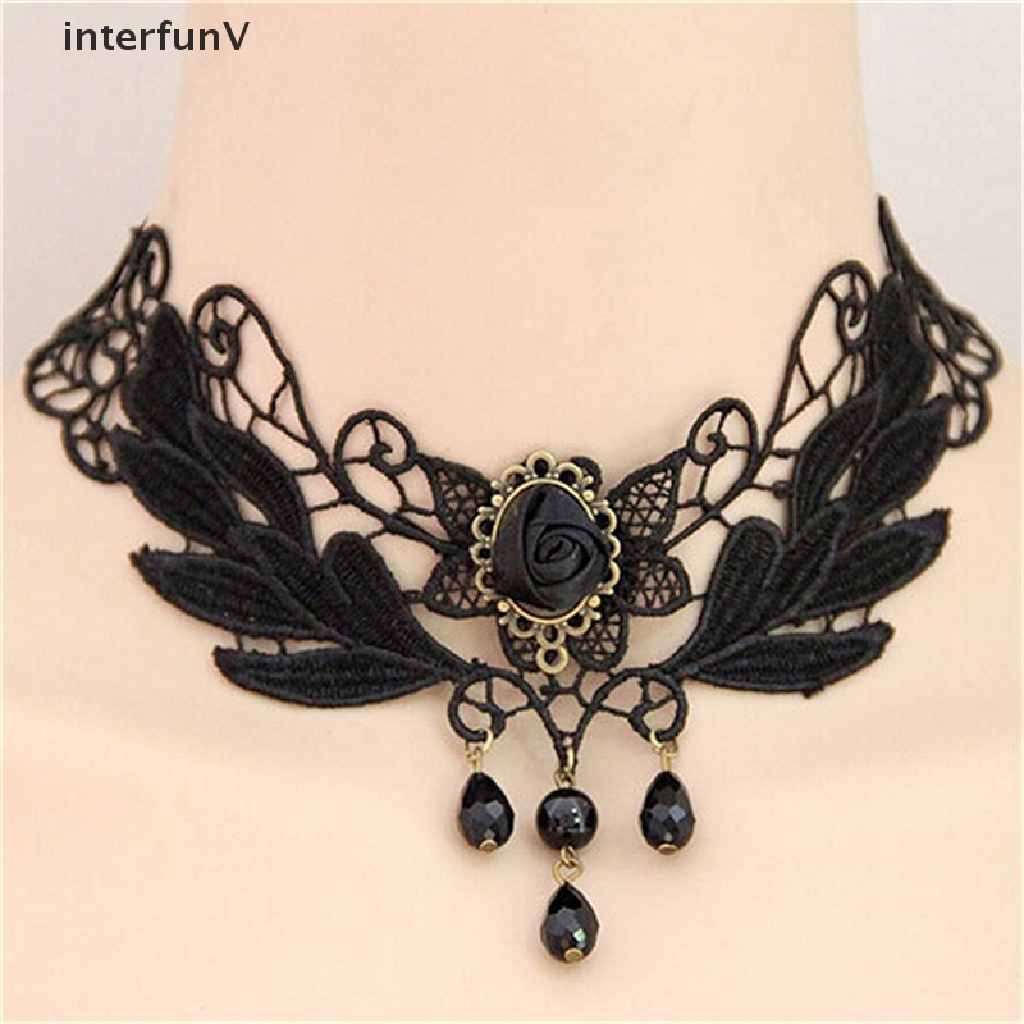 [InterfunV] Vòng Cổ Choker Ren Mặt Giọt Nước Mắt Đen Đính Hạt Phong Cách Lolita Mới Cho Nữ
