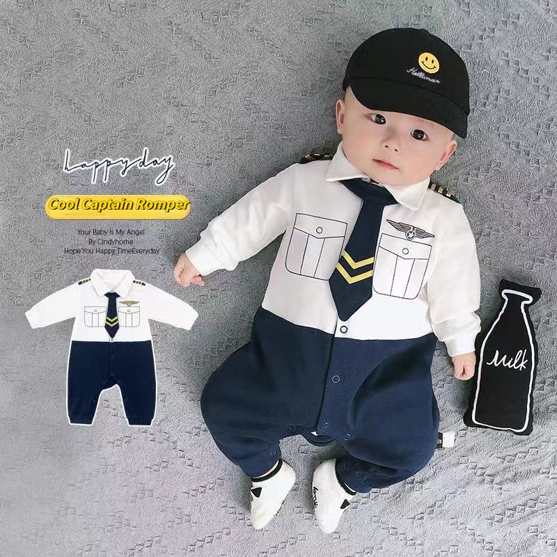 Áo Liền Quần Tay Dài In Hình Thuyền Trưởng One piece Vải Cotton Thời Trang Mùa Thu Cho Bé Trai Sơ