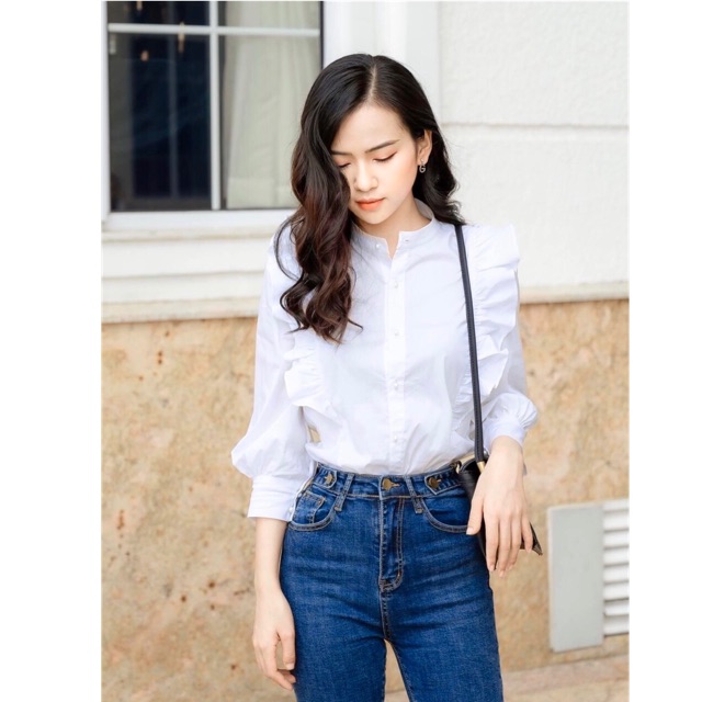 Áo sơ mi công sở cổ trụ phối bèo