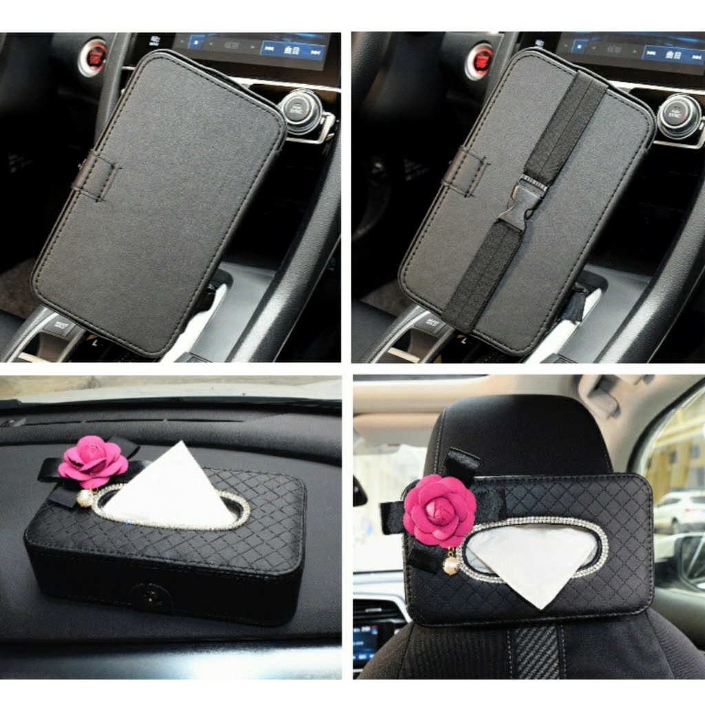 Hộp giấy đính đá hoa trà để taplo, Treo sau ghế ô tô thanh lịch quý phái