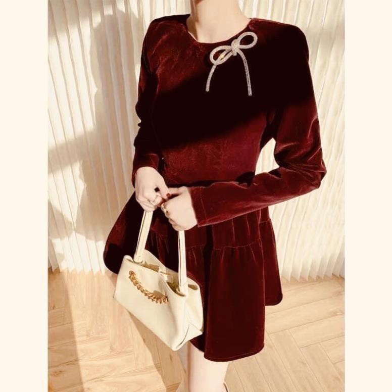 Bán sỉ váy nhung xòe kèm nơ tag đá