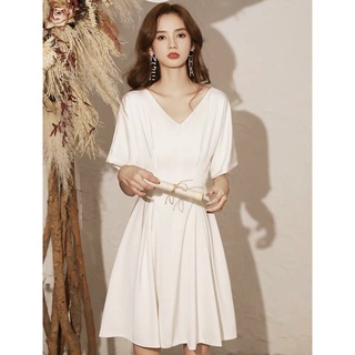 Đầm váy freesize trắng cổ V xếp li