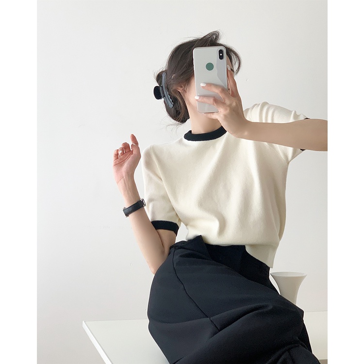 QADCOL  Áo Sweater Dệt Kim Tay Ngắn Kiểu Vintage Thiết Kế Trẻ Trung