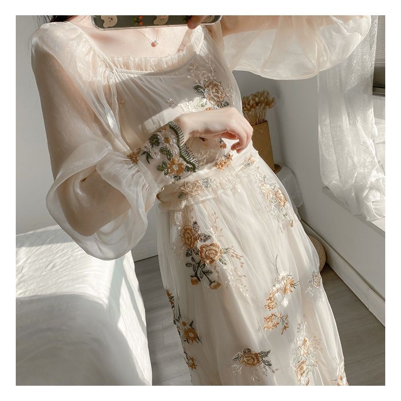 Đầm maxi dự dạ tiệc vải lưới thêu họa tiết phong cách cung điện Pháp thời trang mùa hè dành cho bạn nữ