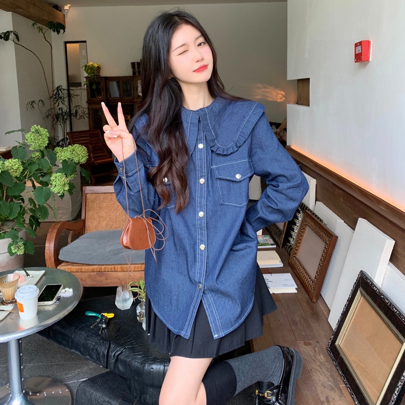Áo sơ mi ZHELIHANGFEI vải denim tay dài dáng rộng theo phong cách retro dễ phối đồ