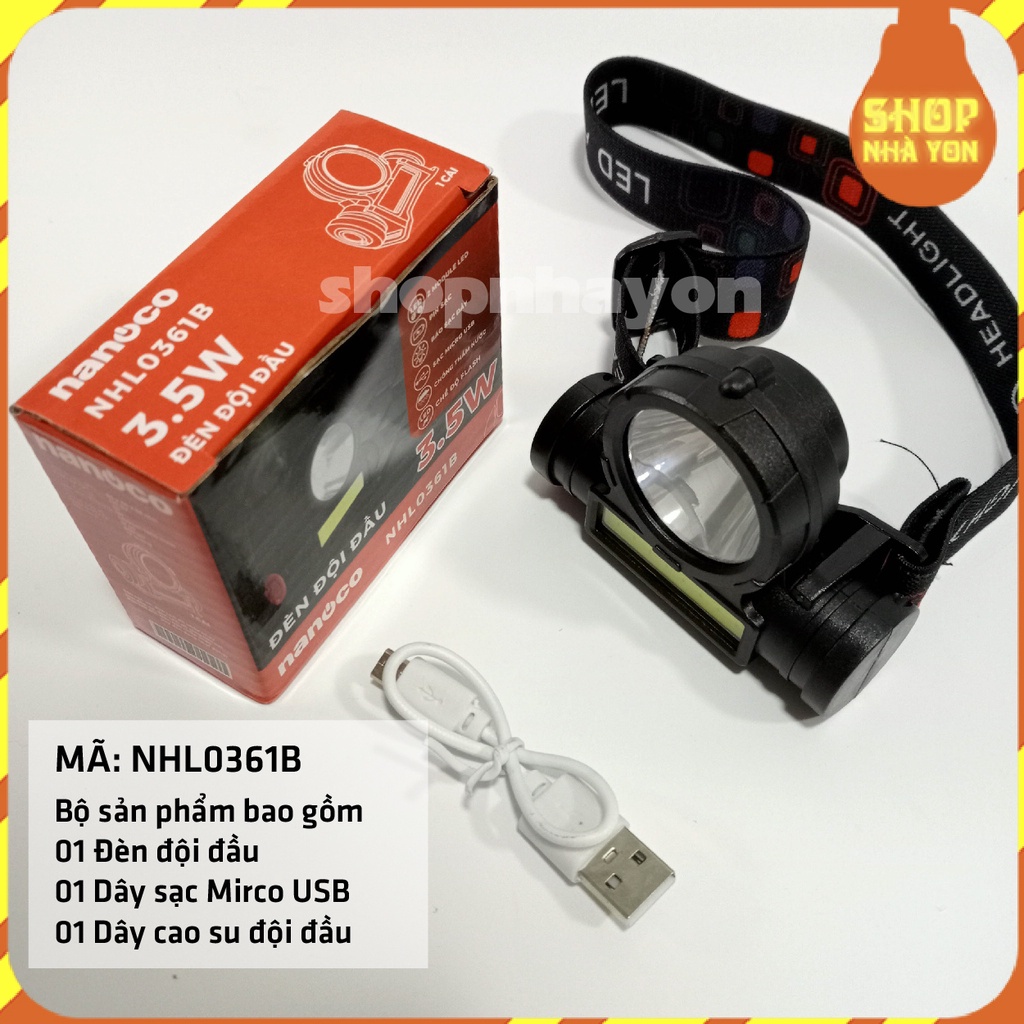 Đèn LED đội đâu siêu sáng chống nước IP44 Nanoco độ bền cao kèm dây sạc + pin bảo hành 2 năm