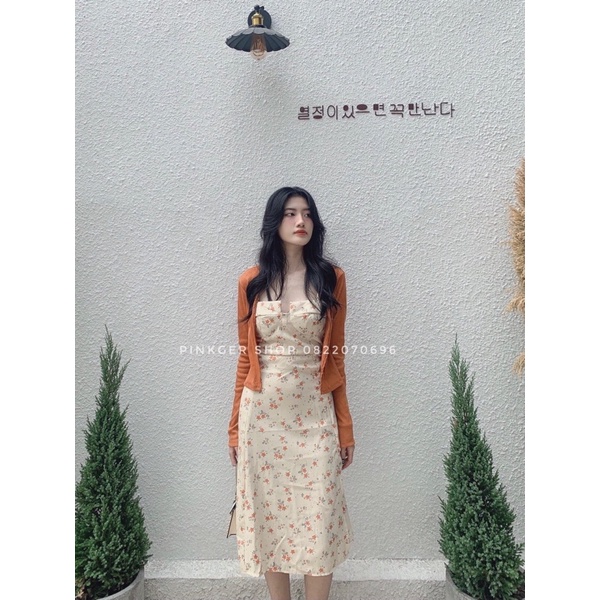 Set váy hoa nhí+áo khoác cam - Pinkger Shop