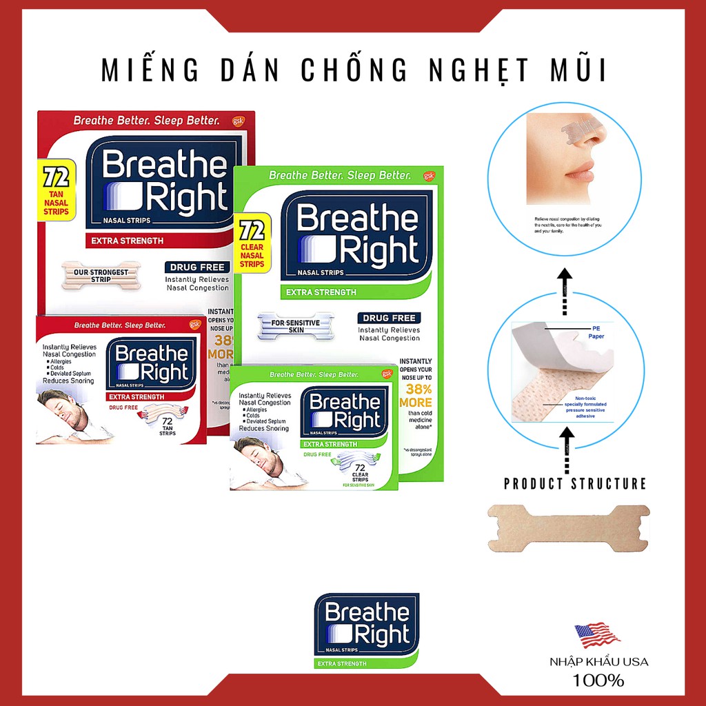 [Nhập Khẩu USA] 1 Hộp 72 Miếng dán chống nghẹt mũi, Ngáy khi ngủ,100% Hiệu Quả Tức Thì,2 Màu ,Thương Hiệu BREATHE RIGHT®