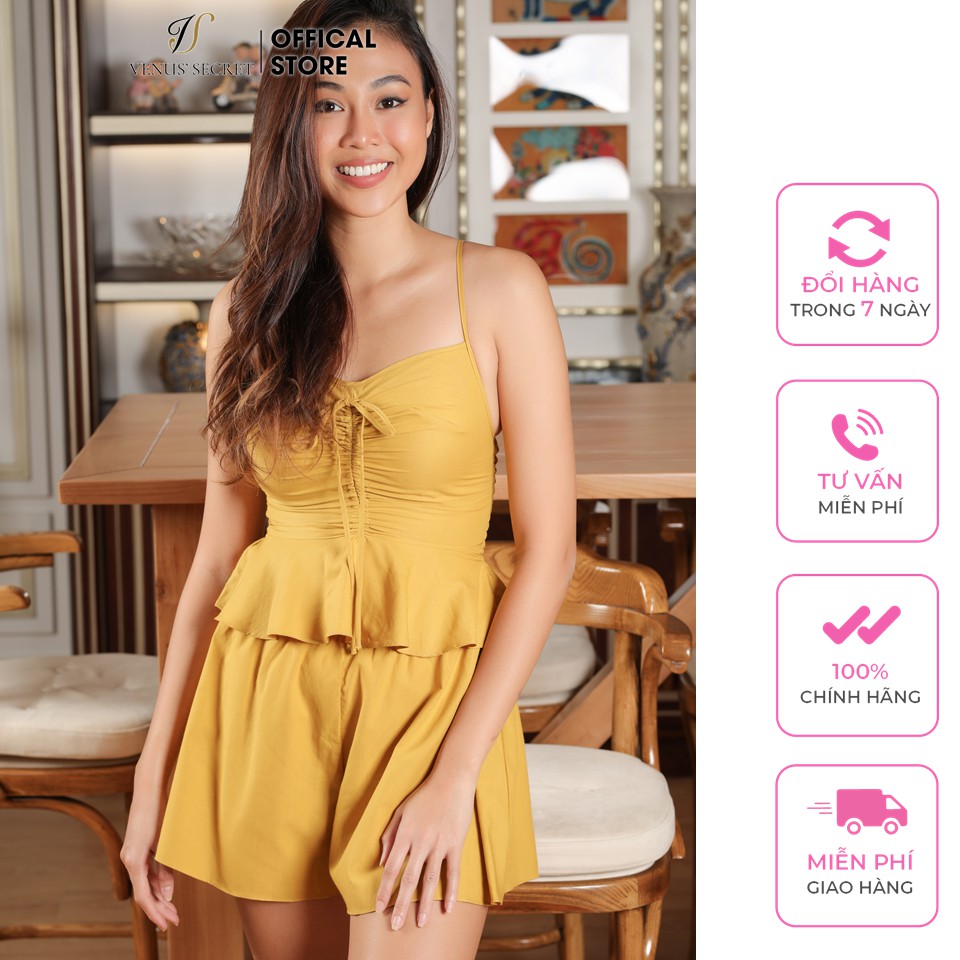 Bộ đồ nữ áo hai dây may thun phía sau lưng, Bộ mặc nhà hay dạo phố quần lửng ống rộng VENUSSECRET