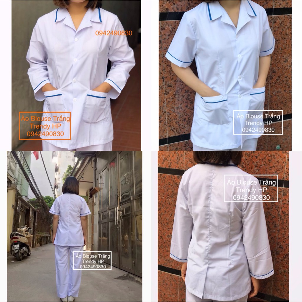 Bộ quần Áo blouse trắng điều dưỡng nam nữ cộc tay, dài tay có viền xanh - áo blu y tá có viền xanh