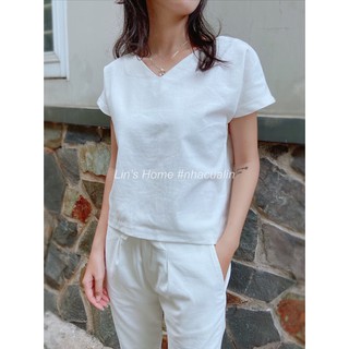 S082 - áo linen cổ v đơn giản