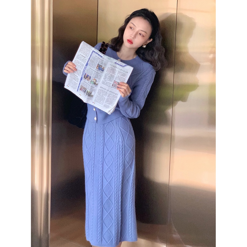 Set Áo Khoác Len + Chân Váy Dệt Kim Phong Cách Hong Kong Cho Nữ