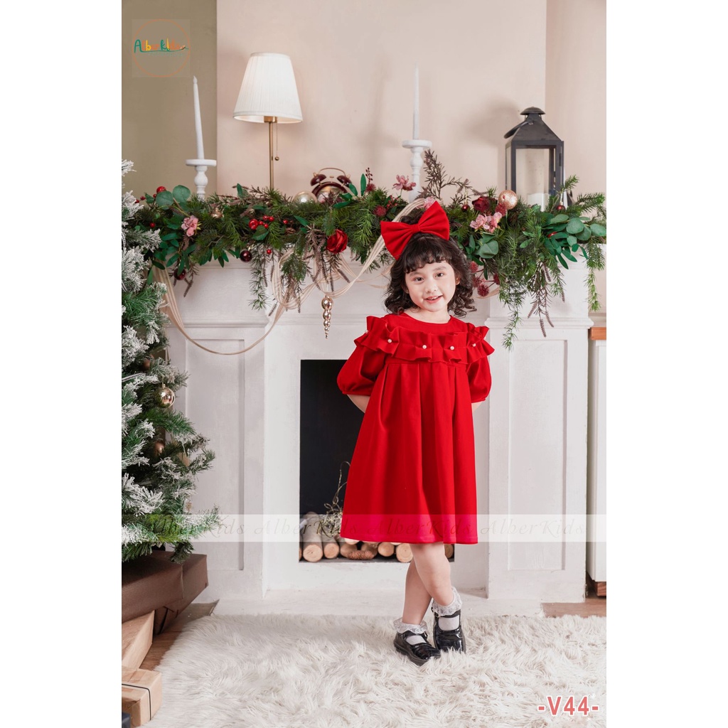 Váy bé gái ALBERKIDS nhung đỏ đính NGỌC dài tay công chúa xinh đẹp cho trẻ em gái từ 2,3,4,5,6,7,8,9,10,11,12 tuổi [V44]