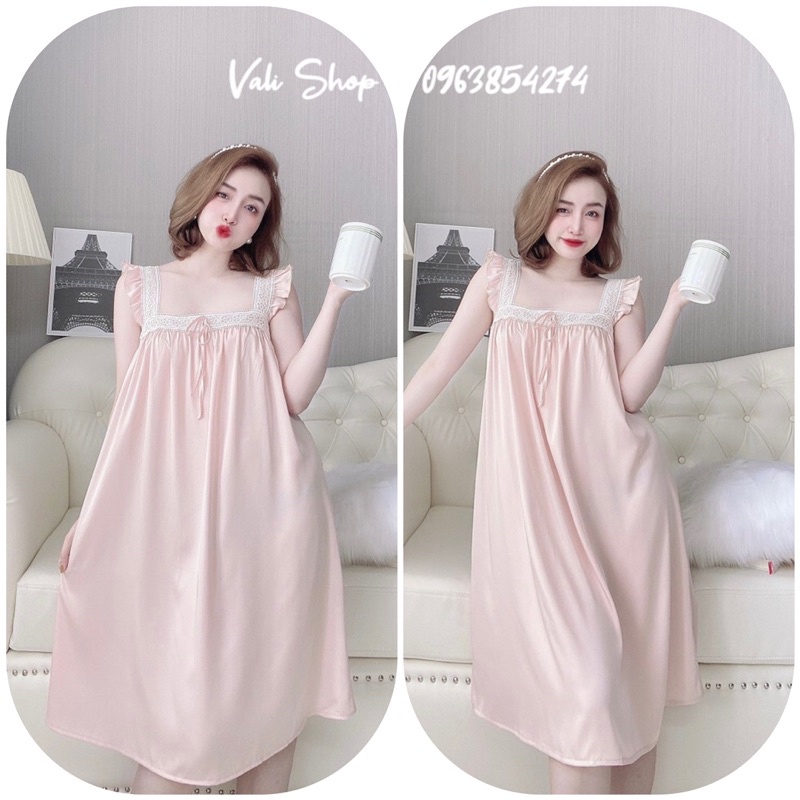 Váy ngủ mặc nhà lụa latin tay cánh tiên màu trơn freesize 42-60kg