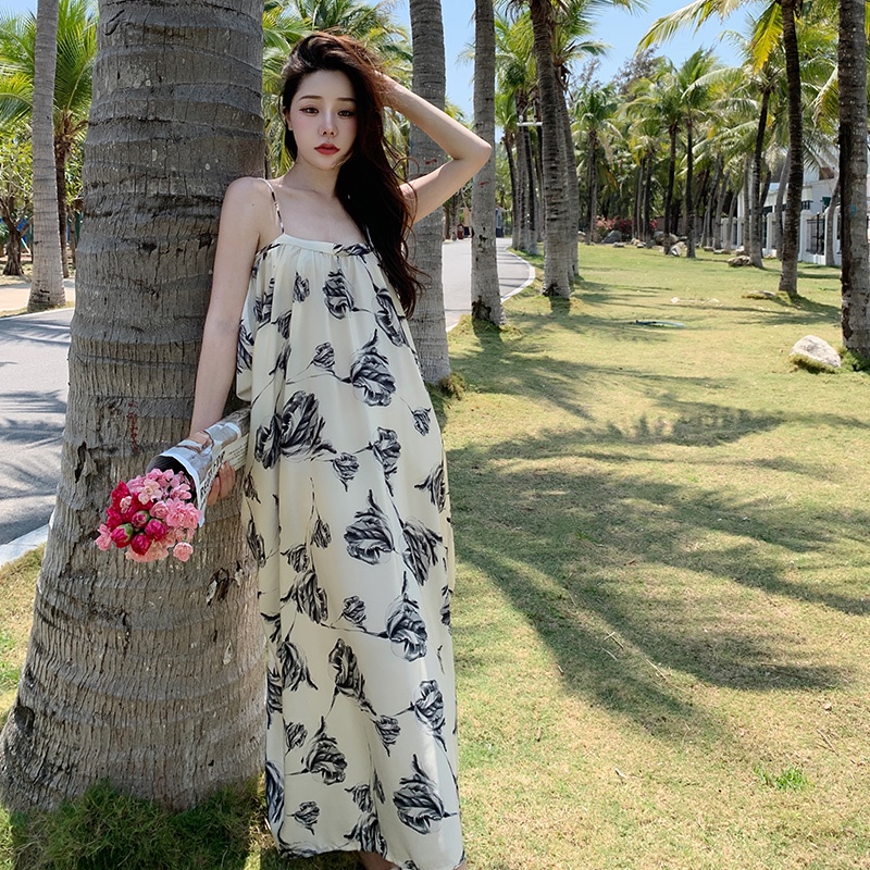 Đầm maxi Hai Dây Dáng Rộng Vải Satin In Họa Tiết Mực Độc Đáo Thời Trang Mùa Hè Cho Nữ