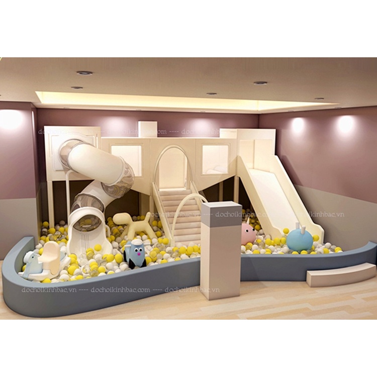 Liên hoàn nhà bóng cầu trượt xoăn - Nhà bóng bọc da mầm non cho bé vui chơi