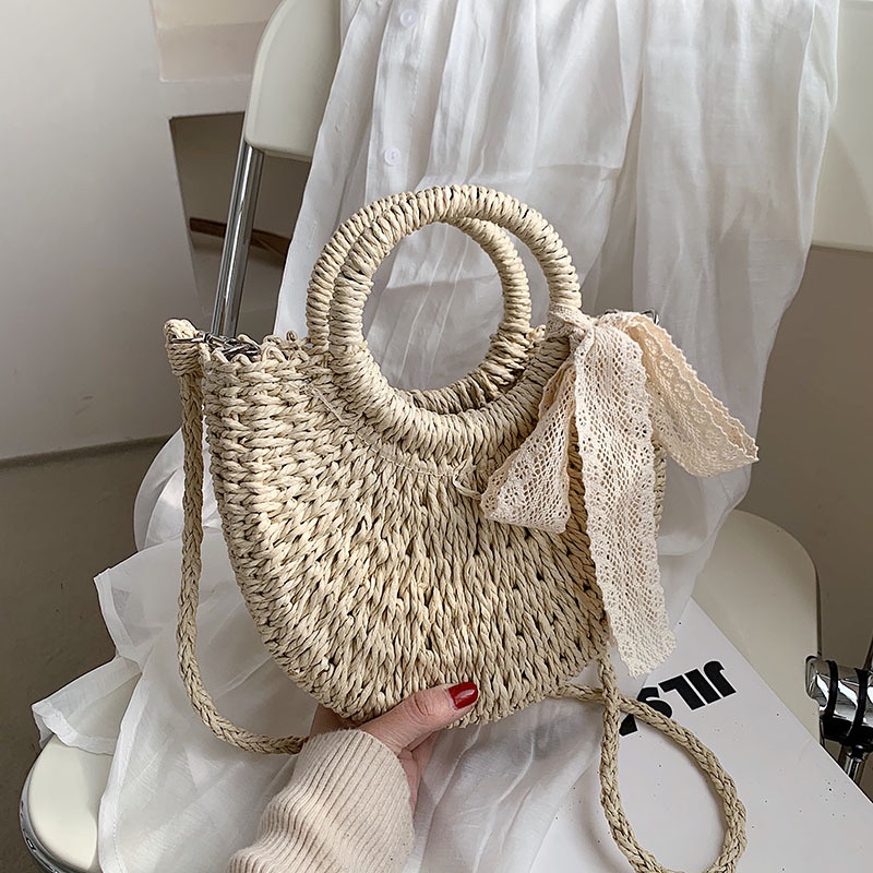 Túi cói đi biển bán nguyệt xách tay Vintage nhỏ