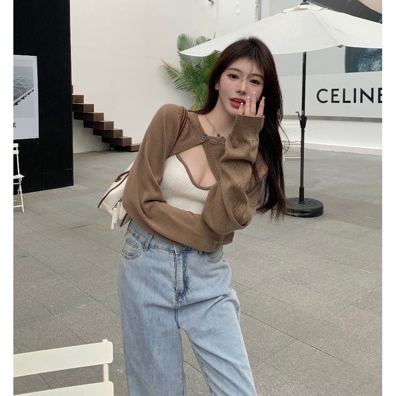 Set áo khoác cardigan ngắn dài tay + áo hai dây dệt kim màu tương phản thời trang cho nữ