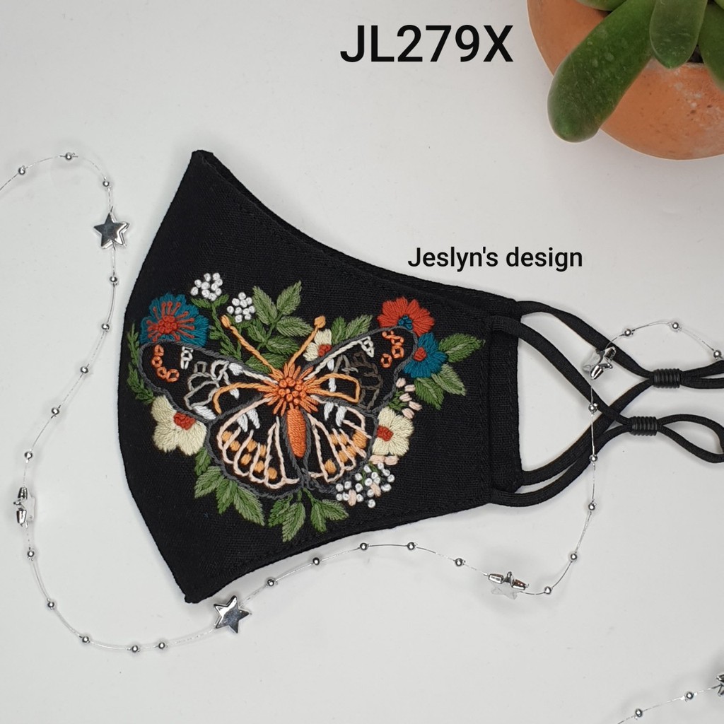 Khẩu trang thêu tay vải linen bươm bướm và hoa JL279X-Hand embroidered masks | BigBuy360 - bigbuy360.vn