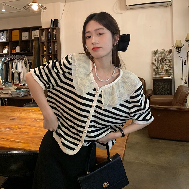 Áo Thun Ngắn Tay Cổ Búp Bê Phối Lưới Kẻ Sọc Phong Cách Hàn Quốc Cổ Điển Thời Trang Cho Nữ