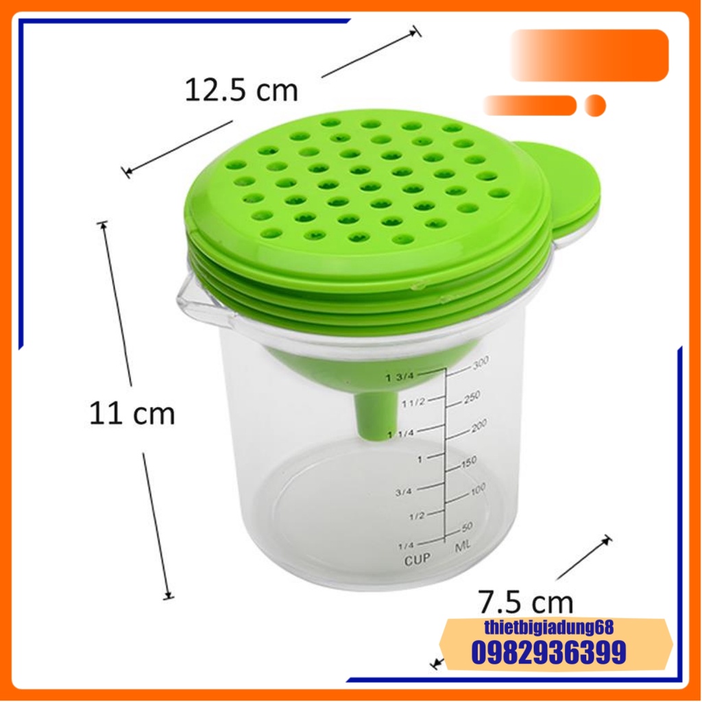 Cốc Chia Vạch Nhà Bếp Đa Năng 300ml 5in1 Định Lượng, Vắt Cam, Lọc Trứng, Phễu Lọc, Mài Rau Củ Quả, Dụng Cụ Nhà Bếp