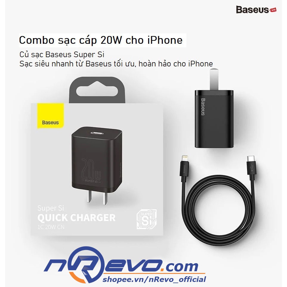 ⚡Baseus⚡ Combo bộ Củ sạc nhanh iPhone 11 12 + Dây sạc iPhone hỗ trợ sạc nhanh 20W