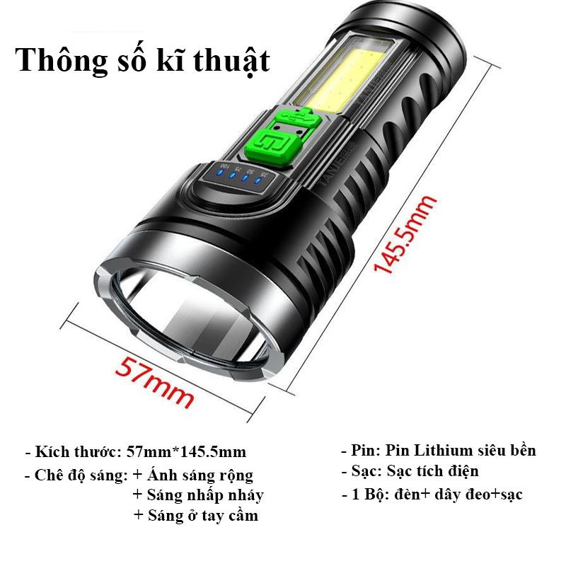 Đèn Pin Cầm Tay, Đèn Pin LED Siêu Sáng Sạc USB Chống Thấm Nước, ASAKI OFFICIAL