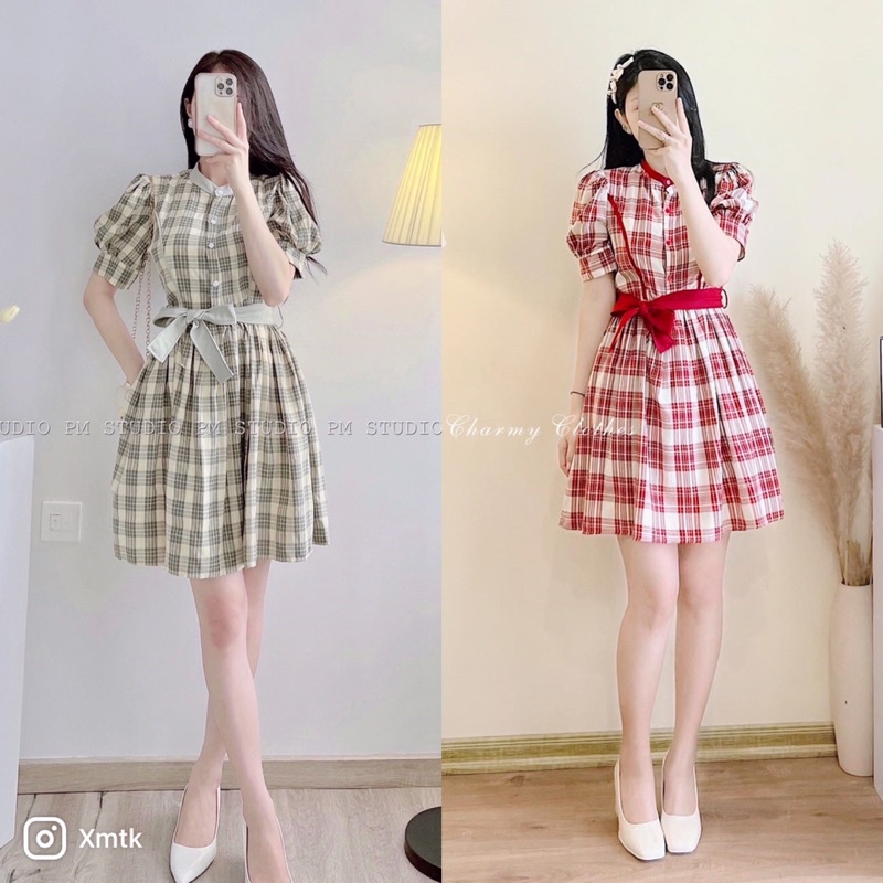 Váy kẻ xoè cổ tàu tay bồng phối đai eo nơ viền mí hàng thiết kế cao cấp phong cách hàn quốc