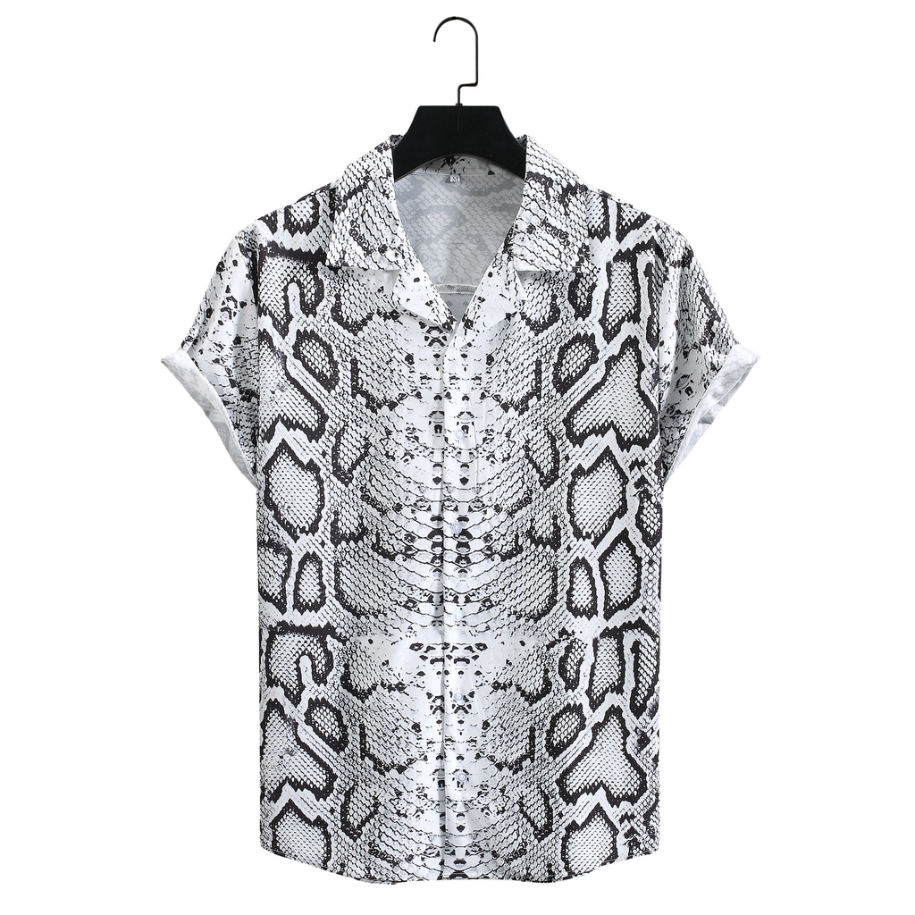 Áo sơ mi họa tiết da rắn đen trắng tay ngắn nam nữ vải thoáng mát, thấm hút, mát mẻ hawaiian shirt