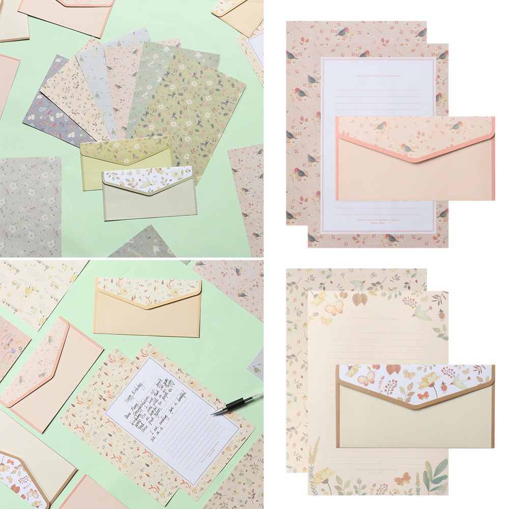 JANE Gift Writing Paper 6PCS Flower Printing Differrent Design Letter Stationery Cartoon Pattern Vintage Floral School Office Supplies Lovely With Envelopes 3PCS
