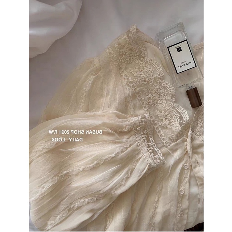 [HÀNG ĐẸP] Áo sơ mi nữ màu Ivory, cổ bèo, chun tay xinh như hoa