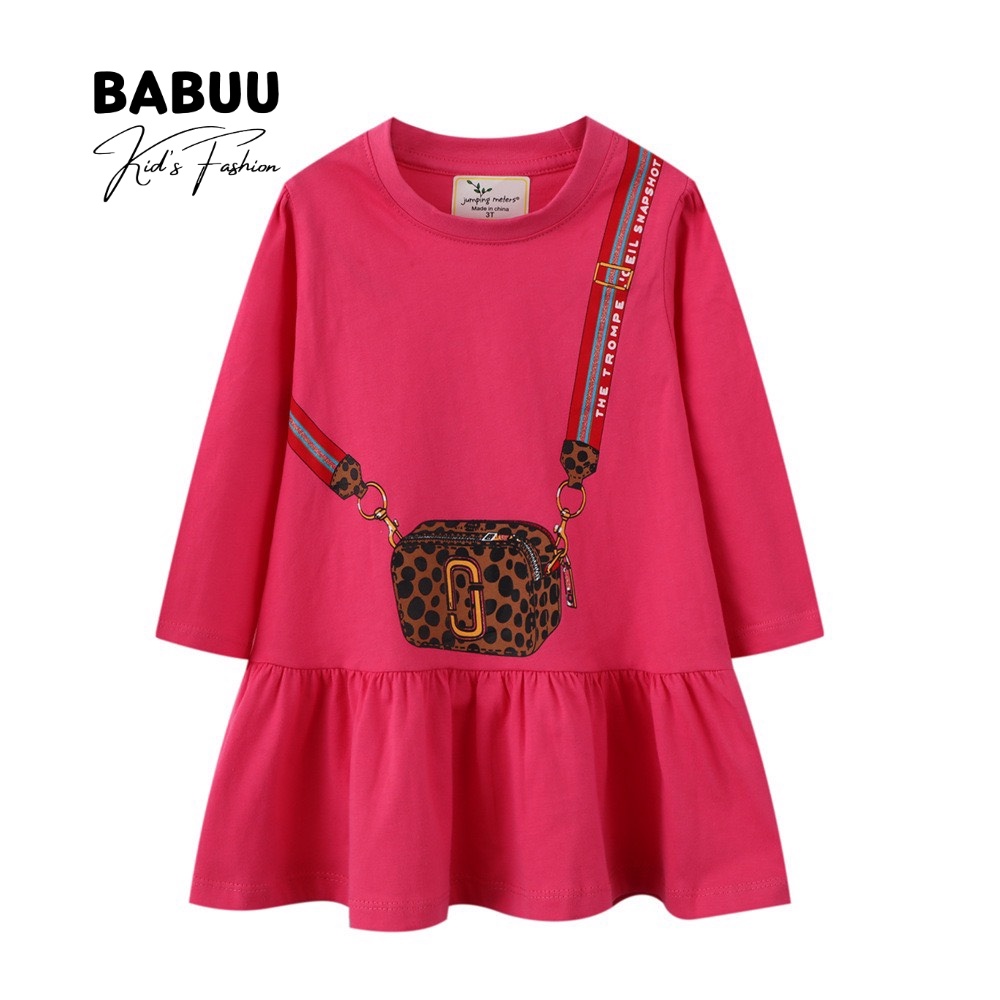 Đầm bé gái, đầm bé gái Babuu Fashion màu hồng tay dài họa tiết túi xách năng động, dễ thương BS18