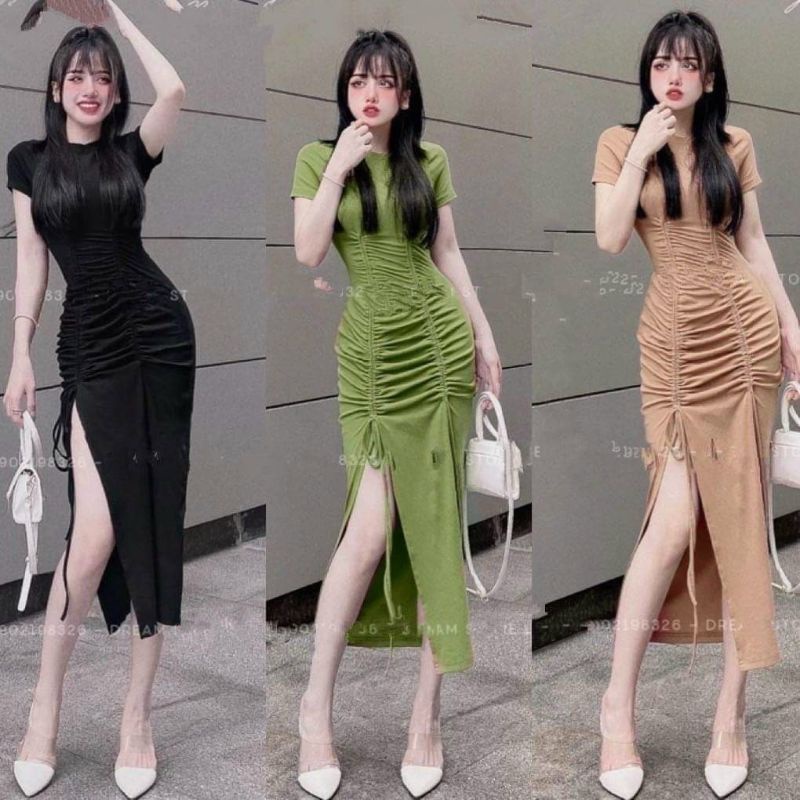 Đầm Thun Nhún Thân Xẻ Tà Rút Dây Hai Bên - Tay Ngắn Cổ Tròn - Dáng Dài Maxi Form Ôm Body Sexy